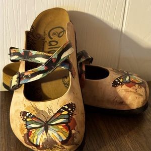 Calceo size 38 butterfly clogs. Gently worn. Side on, side buckle.